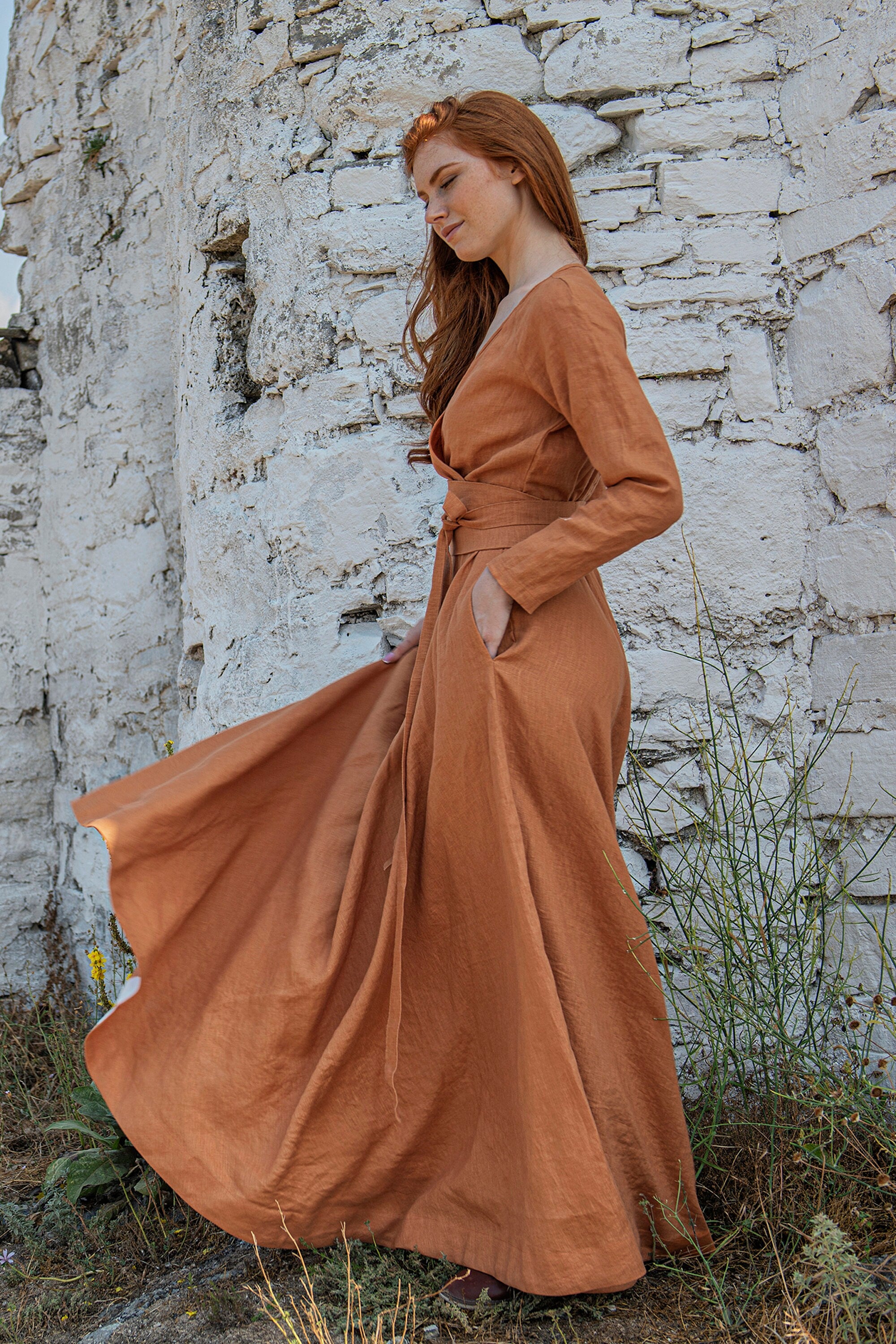 Linen Maxi Dress, Linen Dress for Women, Ochre Linen Dress, Orange