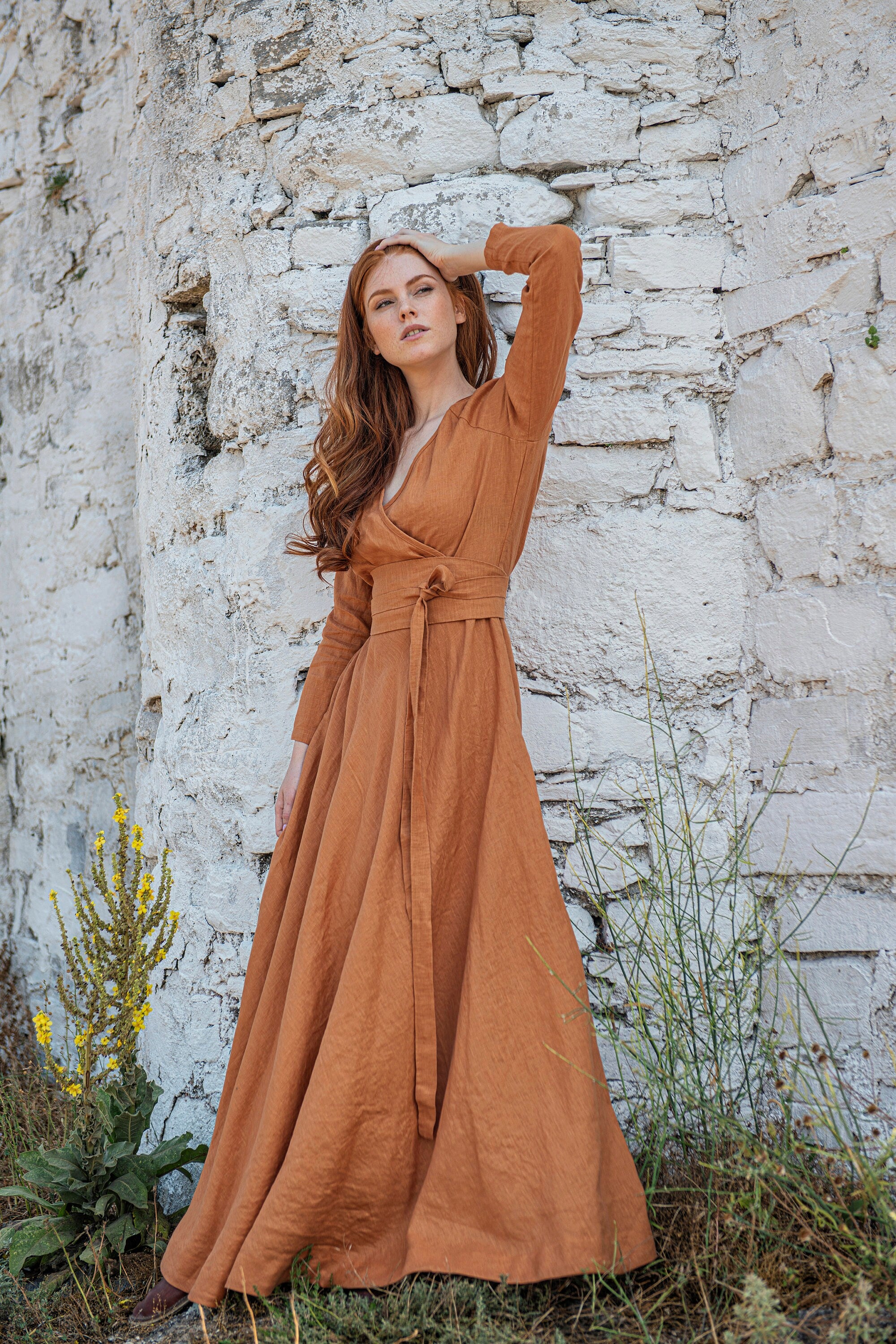 Linen Maxi Dress, Linen Dress for Women, Ochre Linen Dress, Orange