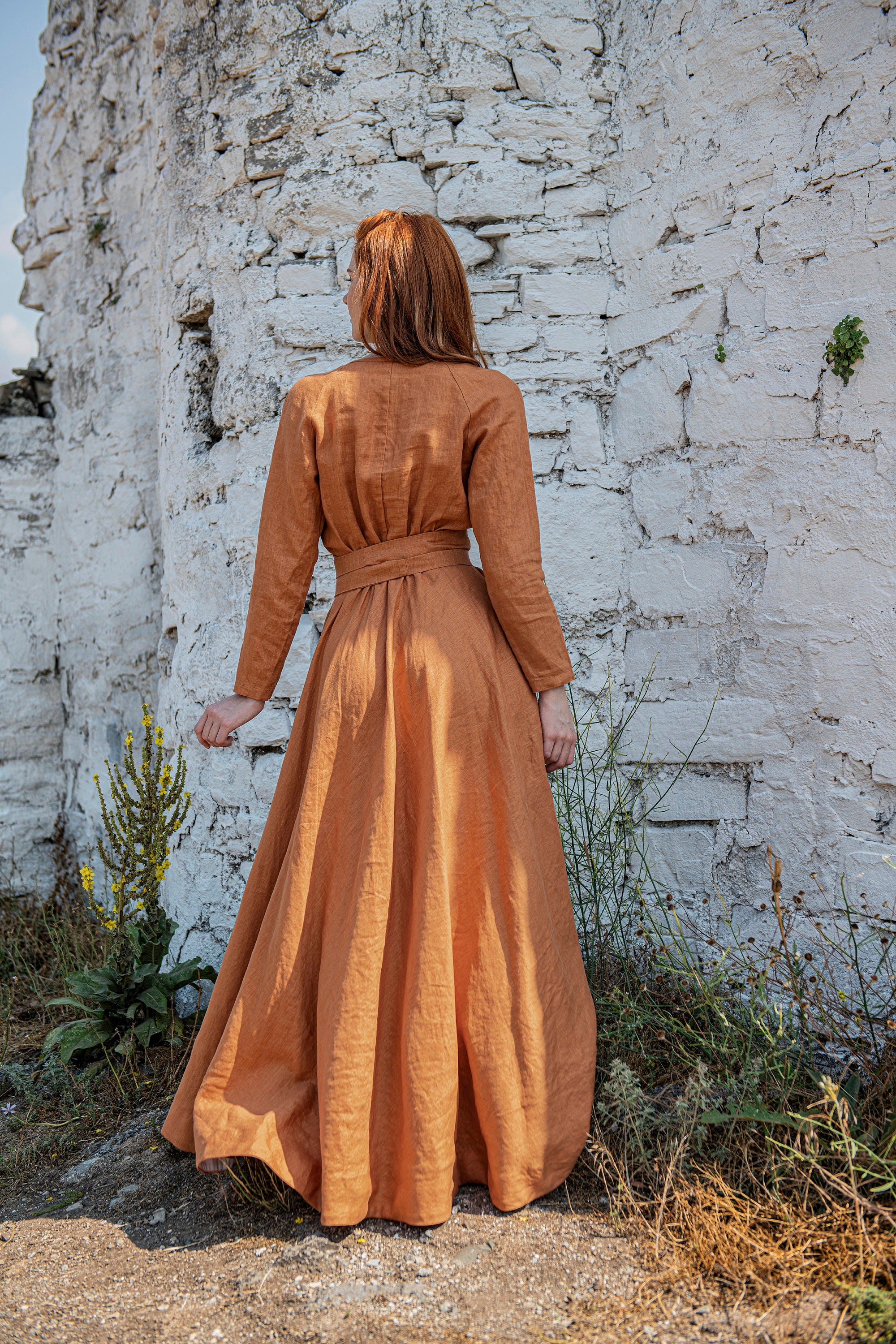 Linen Maxi Dress, Linen Dress for Women, Ochre Linen Dress, Orange