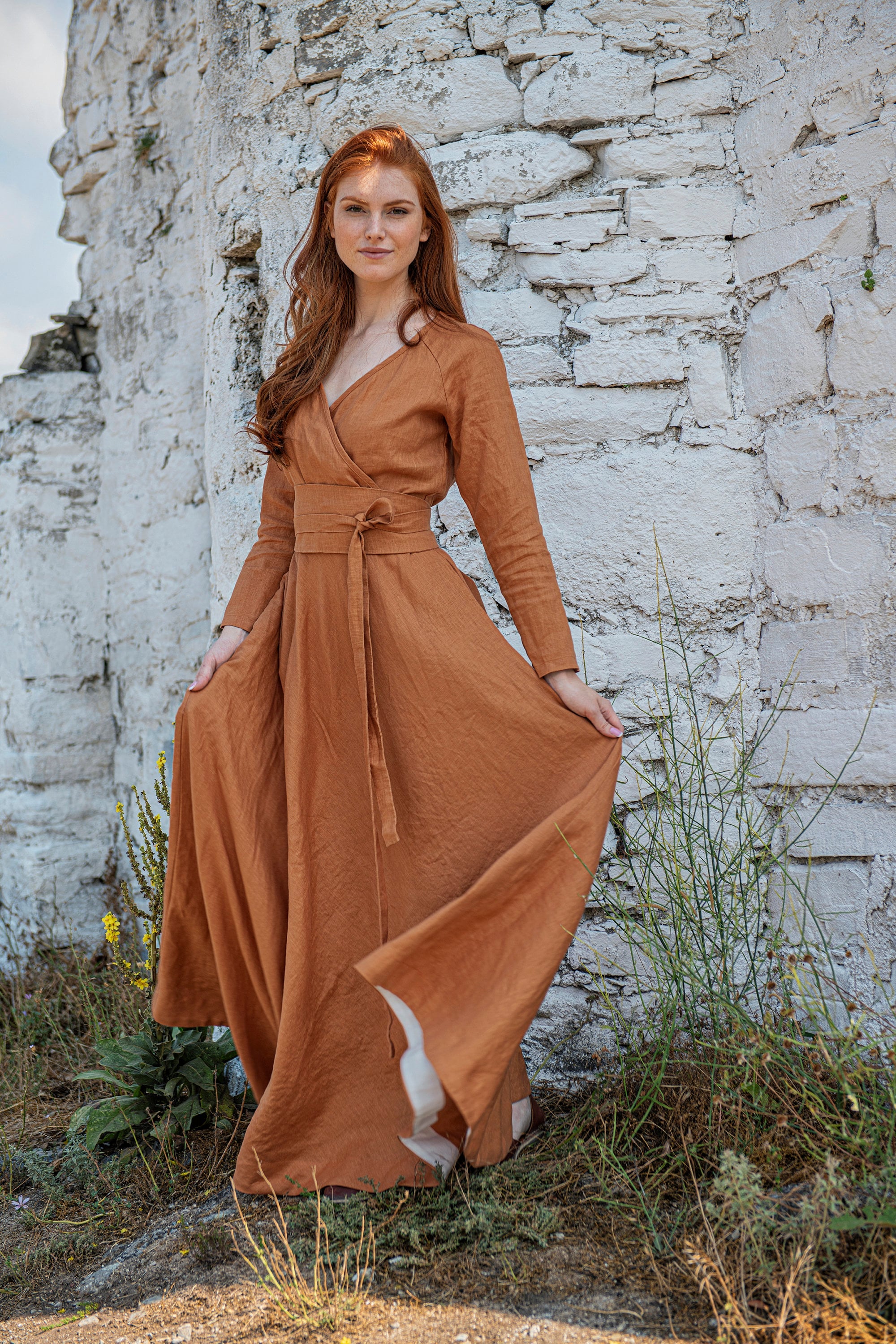 Linen Maxi Dress, Linen Dress for Women, Ochre Linen Dress, Orange